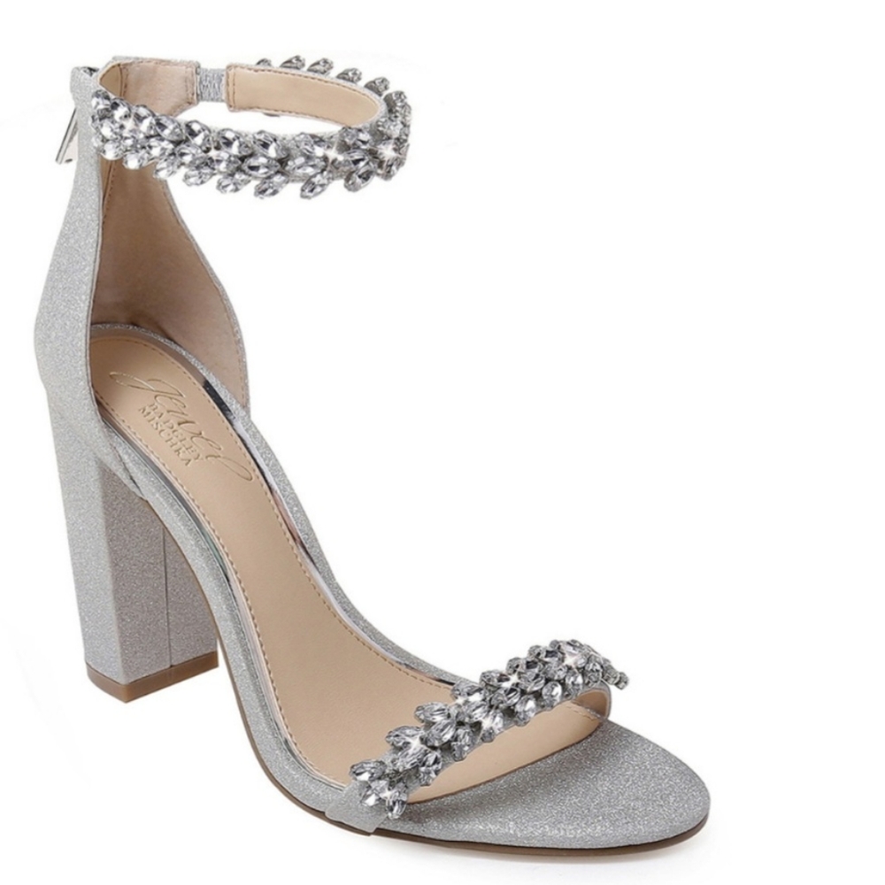 Badgley Mischka Silver Jeweled Ankle-Strap Block Heel Sandals